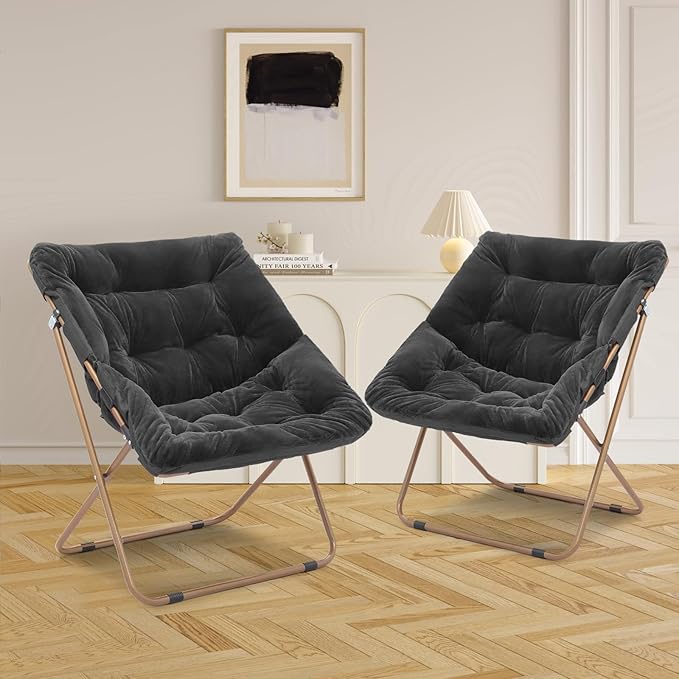 Athena Collection Saucer Chair for Adult, Square Comfy Cozy Chair Folding Chair Faux Fur Metal Frame Foldable Reading Chair Accent Chair for Bed Room Living Room Set of 2, Black