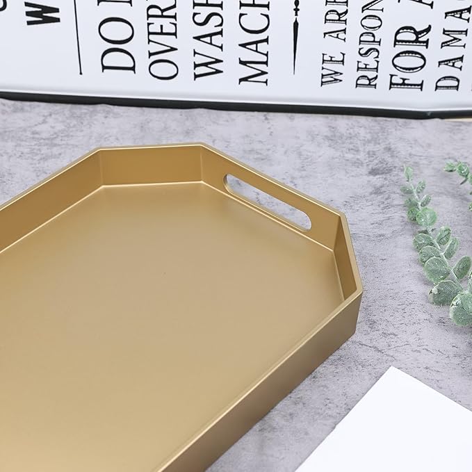 Gold Octagonal Serving Tray with Handles for Coffee Table, Plastic Decorative Tray for Ottoman, Kitchen Counter, Living Room, Outdoor Lacquer Tray for Entertaining