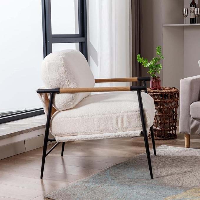 LukeAlon Mid-Century Sherpa Accent Chair, Ultra Soft Living Room Chair with Metal Legs Modern Armchair Lounge Chair Upholstered Comfy Leisure Chair for Bedroom Reception Area Reading Room, White
