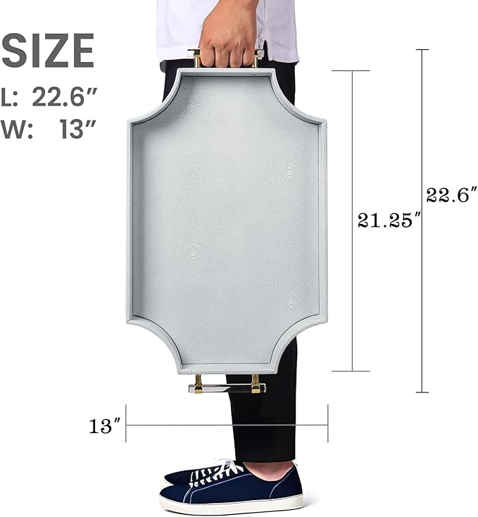 22.6'' × 13'' Coffee Table Tray Shagreen Decorative Tray for Ottoman Home Decor Serving Tray with Acrylic Gold Handles Modern Elegant Scalloped Large Ottoman Tray