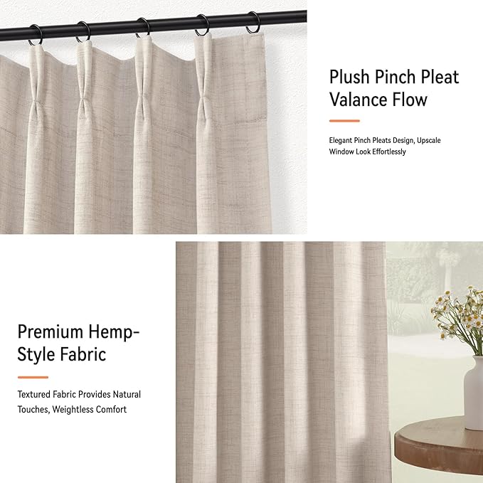 100% Blackout Shield Linen Look Textured Pinch Pleated Curtains Blackout Drapes 108 Inch Long 2 Panels Set, Faux Linen Blackout Curtains for Bedroom & Living Room, 40" W x 108" L, Oatmeal