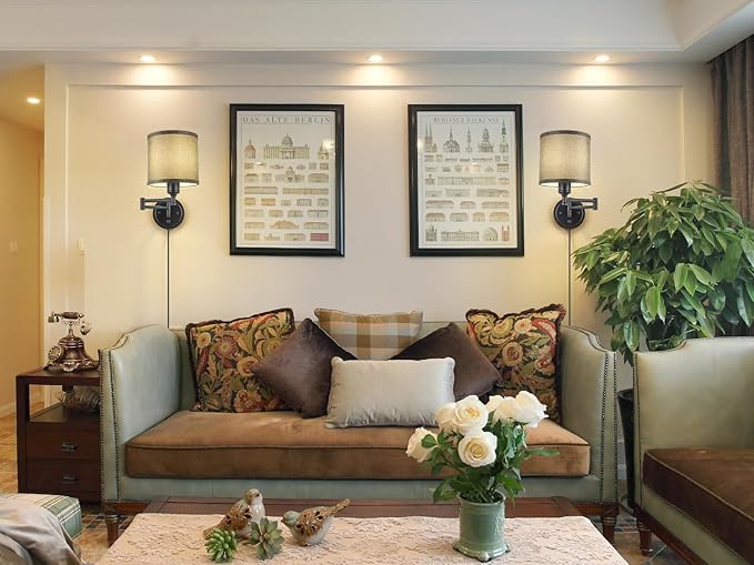 Plug in Wall Sconces with Remote Control, Dimming 10%-100% & Adjustable Colors 2700K-6500K, Hardwire or Plug-in, Swing Arm Wall Lamp with Gray Fabric Shade, Wall Sconces Set of Two, Black Finish