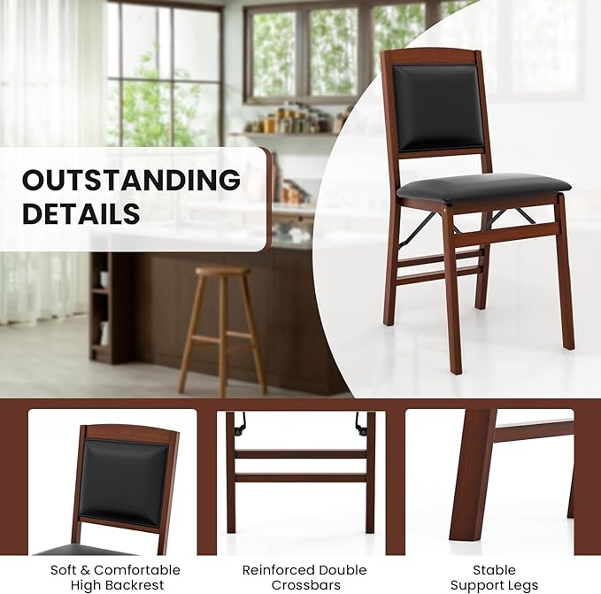 Giantex Folding Dining Chairs Set of 4, Foldable Wood Kitchen Chairs with Padded Seat, Solid Wood Frame, Max Load 400 Lbs, No Assembly Easy to Store Wooden Dining Chairs for Apartment, Small Space