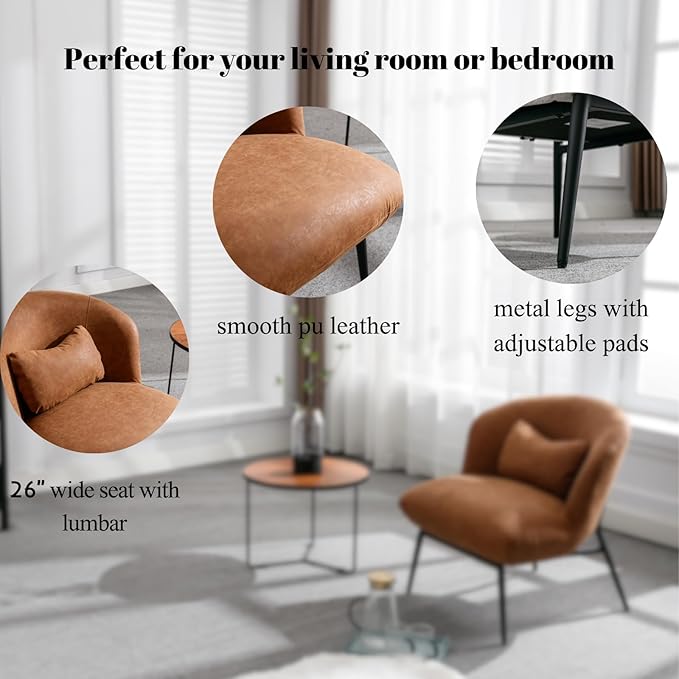 LukeAlon PU Leather Single Sofa Chair, Modern Upholstered Accent Chair with Metal Legs and Pillow Cute Living Room Chair Wide Seat Slipper Chair for Bedroom Reception Area, Brown