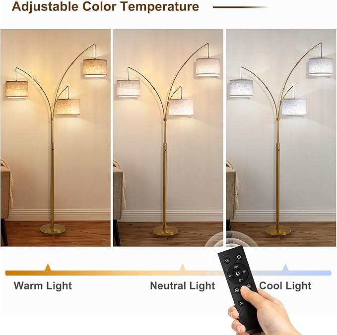 Gold Floor Lamps for Living Room, Super Bright Arc Floor Lamp with Remote Control, 3 Light Tall Floor Lamps with Stepless Dimmable, 80" Mid Century Tree Floor Lamp for Bedroom, Office