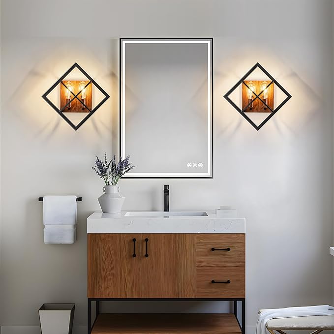Farmhouse Wall Sconce with Black Finish & Wood Grain, Set of 2 Rustic Wall Sconces Indoor Wall Light Fixtures 17.8in for Stairway, Living Room, Bedroom, Bathroom (2 Light,E26 Base, No Bulbs)