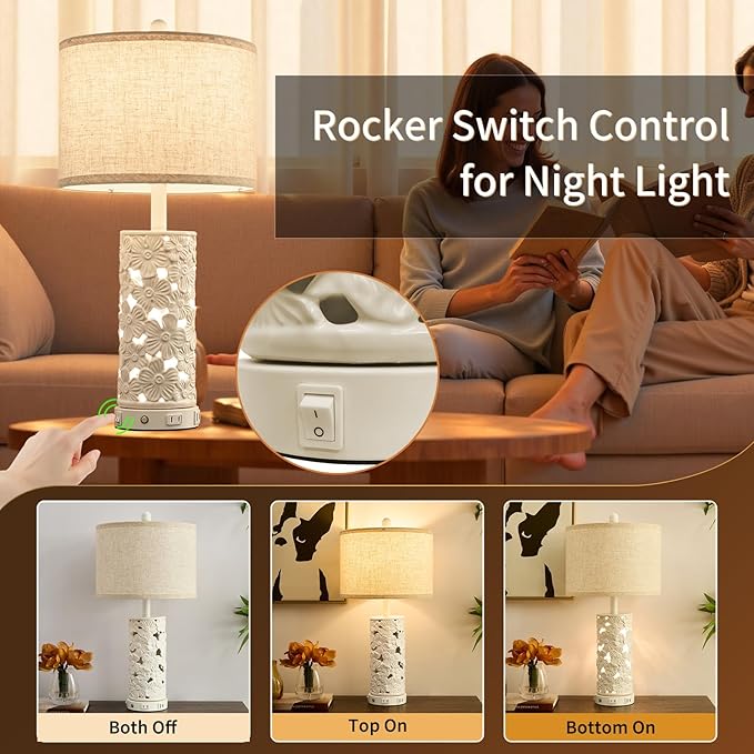 25.5" Modern Ceramic Table Lamp Bedroom Lamp for Bedside, 2 USB & AC Outlet with Night Light White Lamps Farmhouse Night Stand Lamps for Living Room Study Room Office