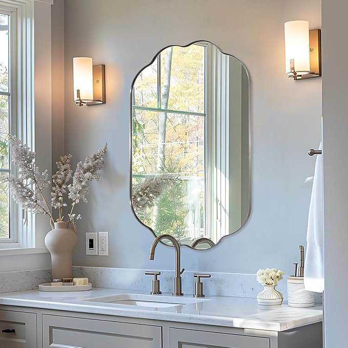 ANDY STAR Scalloped Bathroom Mirror, 24x36 Inch Brushed Nickel Vanity Mirror in Stainless Steel Metal Frame, Unique Oval Mirror with Modern Curved Edge Design, Ideal for Bathroom, Bedroom, Entryway