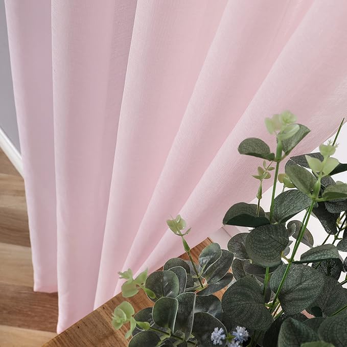 Tollpiz Sheer Tier Curtain Linen Textured Half Kitchen Curtains Sheer Light Filtering Rod Pocket Voile Small Curtains for Bathroom, 25 x 36 inches Long, Pink, Set of 2 Panels