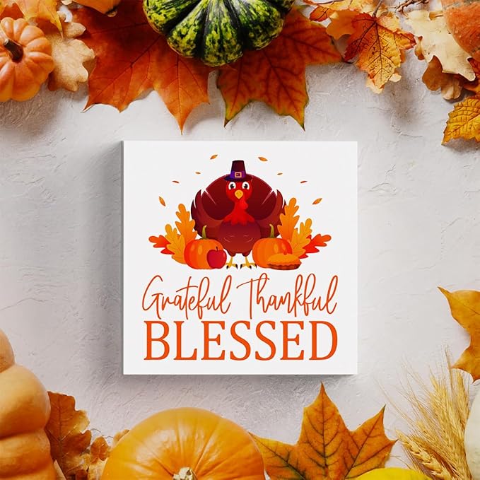 HTBIG Thanksgiving Blessed Grateful Thankful Fall Decor Wooden Turkey Wooden Box Signs for Home Fall ation Thanksgiving Room Indoor Desktop Decor 5 x 5 Inch