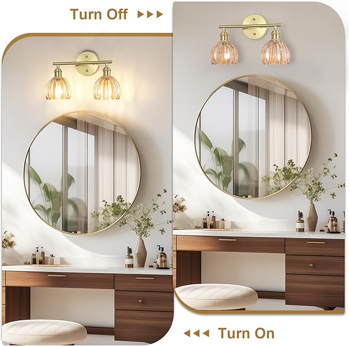 Vintage Bathroom Light Fixtures,2-Light Hardwired Vanity Lights Over Mirror,Gold Wall Sconces with Amber Tulip Glass Shade for Bathroom Living Room,E26 Socket(Bulbs Not Included)