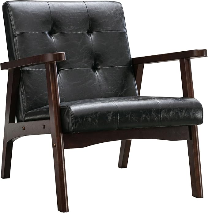 Bonzy Home Accent Chair - Faux Leather Mid Century Modern Chair for Living Room | Sturdy Solid Wood Frame Armchair, Comfy Retro Chair for Bedroom & Small Spaces, Accent Chairs, Black
