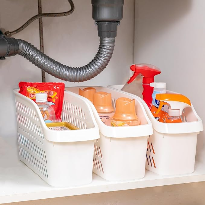 3 Pack Under Sink Organizer with Wheels Pull Out Kitchen Bathroom Cabinet Organizers and Storage Multi-purpose Plastic Organizer Baskets for Cleaning Supplies, Bottles