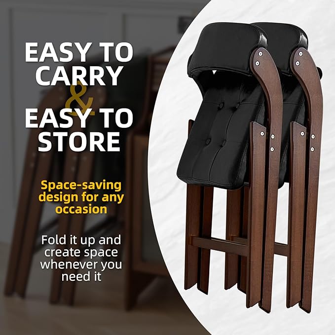 2 Pack Wooden Folding Chair with Padded Seat, Stackable Wooden Foldable Chair, Folding Chairs with Cushion for Guests Kitchen, Bedroom, Office, Wedding, Library, Party, Picnic (Walnut Black)