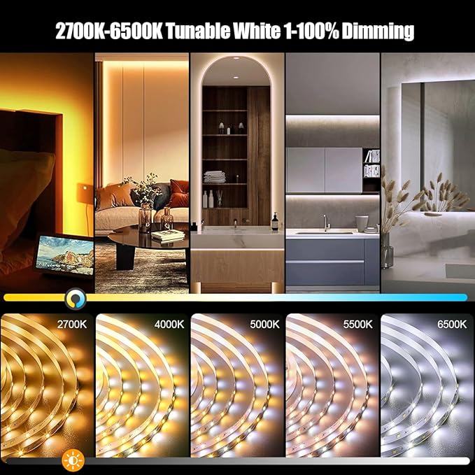 White LED Strip Lights, 100ft Dimmable Bright 24V Led Tape Light with Remote and App Control, 2700K-6500K White 1800 LEDs Lights for Bedroom, Kitchen, Ceiling (2 Rolls of 50ft)