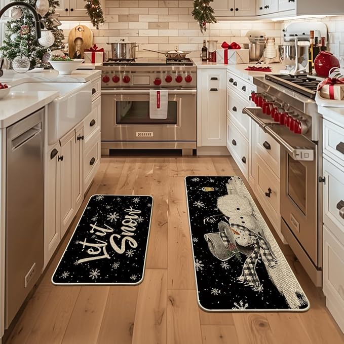 Artoid Mode Let It Snow Snowflake Snowman Light Christmas Decorative Kitchen Mats Set of 2, Home Party Low-Profile Kitchen Rugs - 24x35 and 24x59 Inch