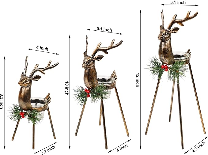 Juegoal Set of 3 Reindeer Tealight Candle Holders, Standing Iron Metal Christmas Decorations, Glass Votive Candle Holder, Durable and Rust-Proof Holiday Tabletop Centerpiece and Display