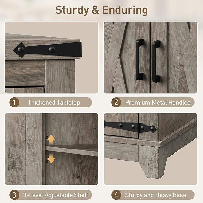 Farmhouse Side Table, Large End Table with Charging Station, Sofa Side Table with Adjustable Shelf and Barn Door, Wooden Nightstand for Living Room, Bedroom, Office, Greige