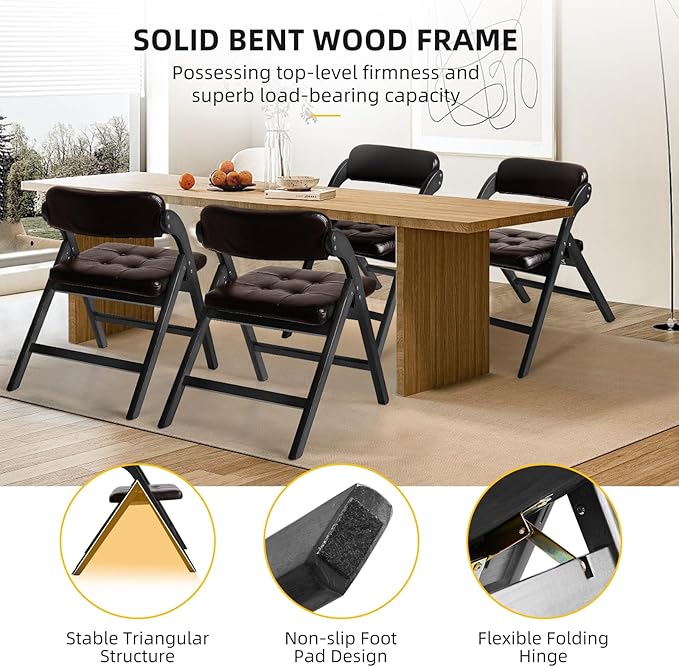 Padded Folding Chairs Set of 2, Wooden Dining Chair, Stackable Wooden Foldable Chair, Wood Folding Chairs with Cushion for Wedding, Guests Kitchen, Office, Party, Picnic Chair (Black Brown)