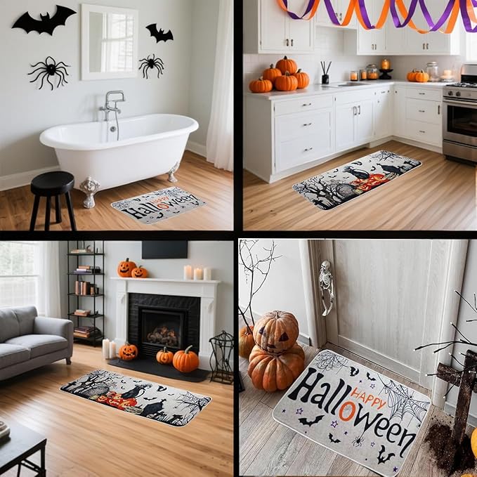 Halloween Kitchen Mats Set of 2, Halloween Decor Black Cat Pumpkin Rugs, Non-Slip Washable Kitchen Mats for Floor Kitchen Bathroom, Halloween Decorations for Home,17"x27+17"x47" 