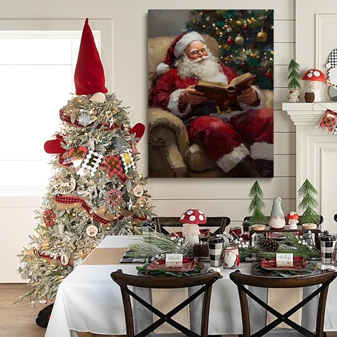 Framed Santa Reading Book Posters Christmas Canvas Print Wall Art Christmas Winter Wall Art Santa Claus Print Holiday Decor 24x36 framed