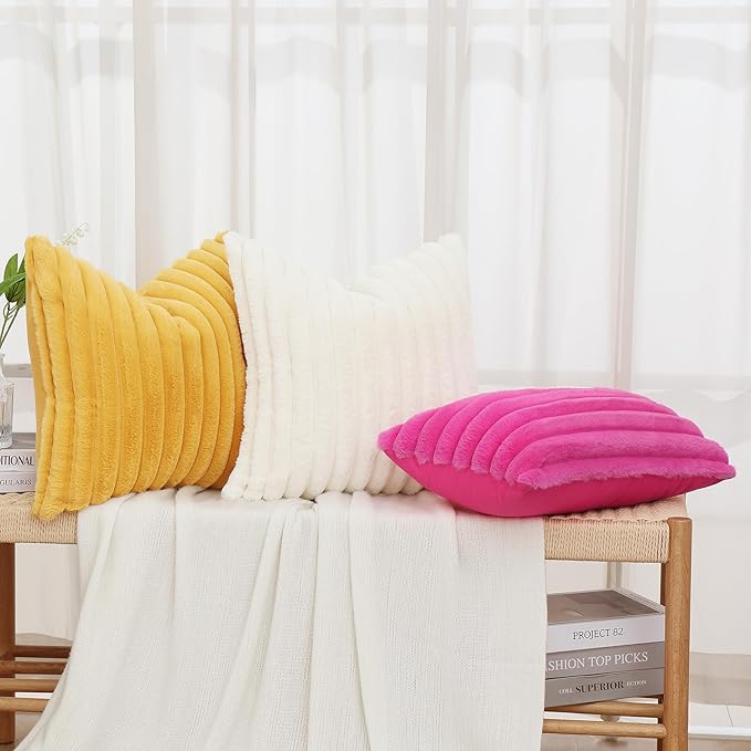 decorUhome Faux Fur Throw Pillow Covers 26x26 Set of 2, Decorative Soft Plush Striped Neutral Couch Euro Pillow Covers with Velvet Back for Sofa, Bed, Living Room Home Decor, Hot Pink