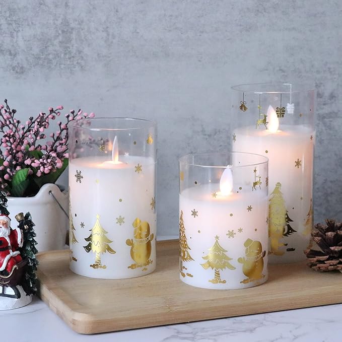 DRomance Christmas Battery Operated Flameless Candles Flickering Remote and Timer Glass LED Pillar Candles Moving Wick Real Wax Gold Snowman Christmas Tree Decals Holiday Decor D3 x H4, 5", 6"