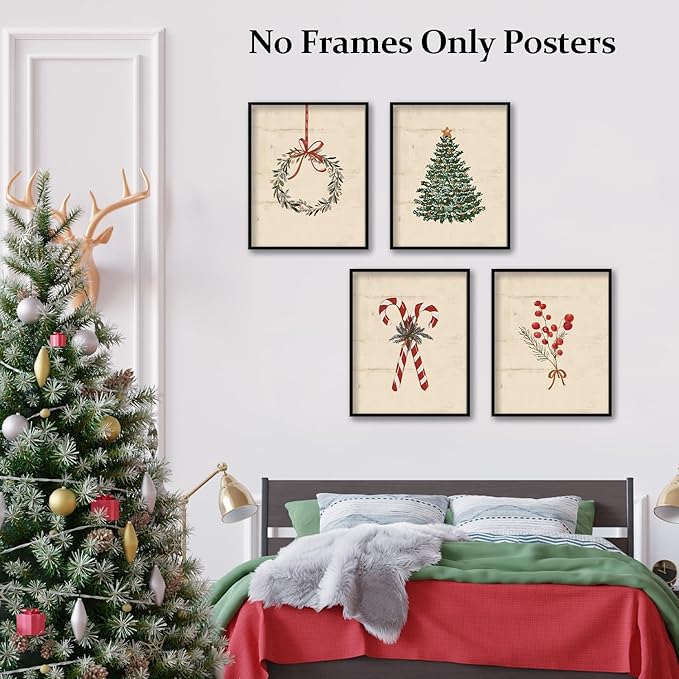 TFKFJLF Vintage Christmas Tree Wall Art Poster Decor, Candy Cane Painting Pictures Decor Wall Art, Rustic Christmas Decorations for Bedroom Bathroom Living Room Office, Unframed 8x10in Set of 4