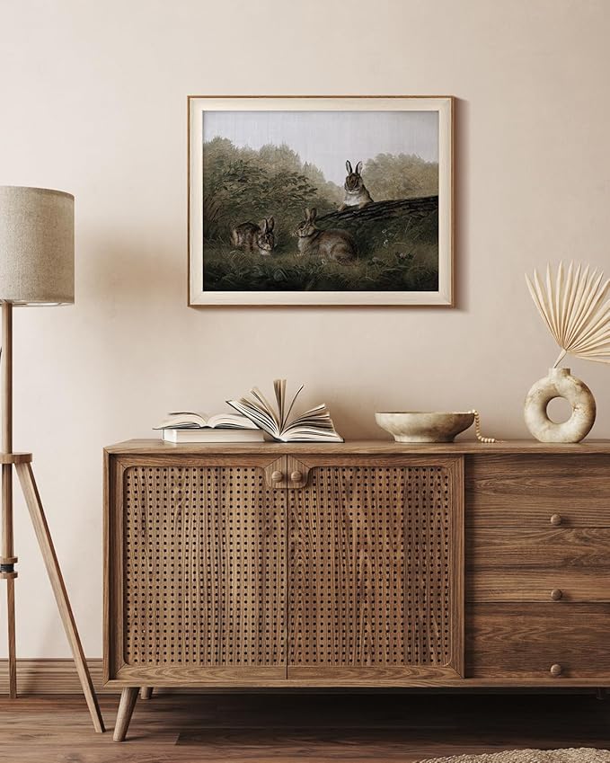 InSimSea Framed Canvas Wall Art of Rabbit Animal - Vintage Easter Bunny Room Decor, Aesthetic Wall Art Home Decor Oil Painting for Living Room Bedroom Botanical Landscape Farmhouse Wall Decor 16x20In