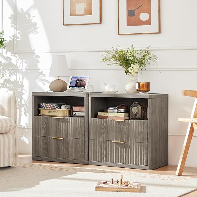 LEYAOYAO Fluted Nightstand with Charging Station, 23" Wide 2 Drawers End Table,Grey Night Stand with Open Storage Cabinet, Farmhouse Bed Side Tables, Wood Dresser for Bedroom, Living Room, Closet