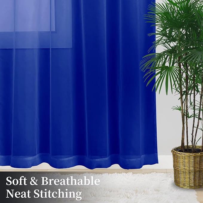 Sheer Curtains 54 Inches Long 2 Panels, Rod Pocket Short Curtain for Kitchen, Bedroom, Cafe Window(Blue Sapphire 38" W x 54" L)