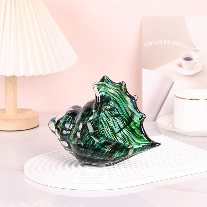 LCCCK Hand Blown Glass Conch Shell Sculpture, Sea Glass Art Figurines, Beachy Room Decor, Teal Conch Shell Decorative Statues, Sea Shell Coastal Decor for Shelf House Room, Beachy Gifts