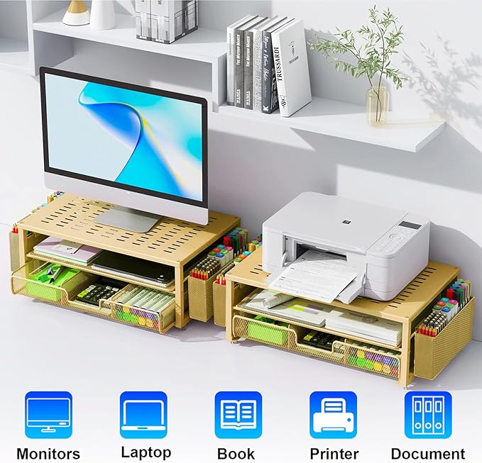gianotter Desk Organizers and Accessories, Monitor Stand with Drawer and 2 Pen Holder, Desktop Organizer Suitable for Offices and Dormitories (Gold)