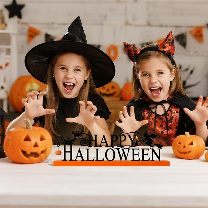 Metal Holiday Table Sign Decor, Decorations Tabletop Centerpiece for Home, Office, Shelf, Tiered Tray, Mantel, Indoor, Merry Christmas, Happy Halloween