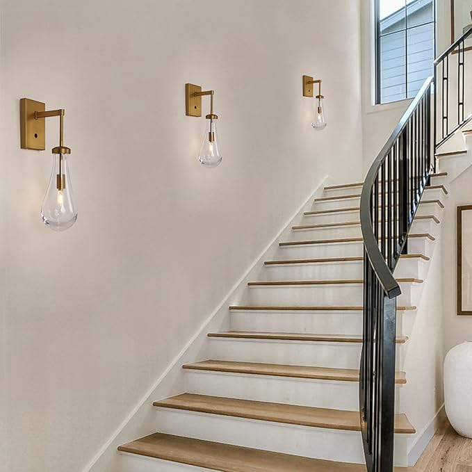 HuisMier Brass Raindrop Wall Sconces, Indoor Wall Sconces with On/Off Switch, Modern Clear Glass Wall Lamp Vanity Light Fixtures for Bathroom Bedroom Living Room Hallway, Hardwired