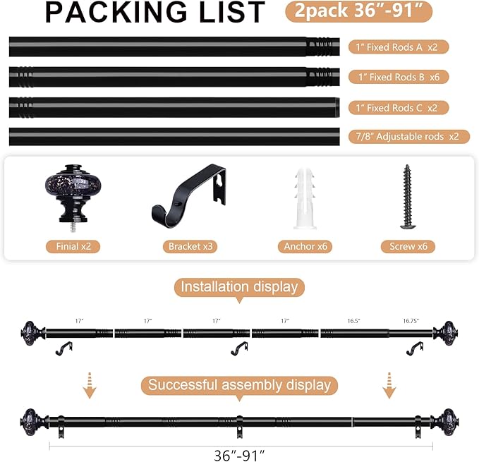 2 Pack Black Crystal Curtain Rods for Windows 48 to 84 Inch, Adjustable Decorative 1'' Heavy Duty Curtain Rod with Black Foil Finials, Vintage Easy Install Rustic Farmhouse Drapery Pole Set