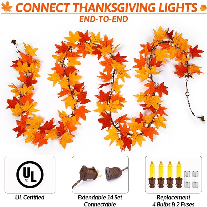 Fall Decor Fall Decorations for Home: Thanksgiving Decorations 10.8 FT Plug in Fall Garland with Lights 50 Orange Bulbs Connectable Lighted Fall Garland Thanksgiving Table Decor Indoor Outdoor