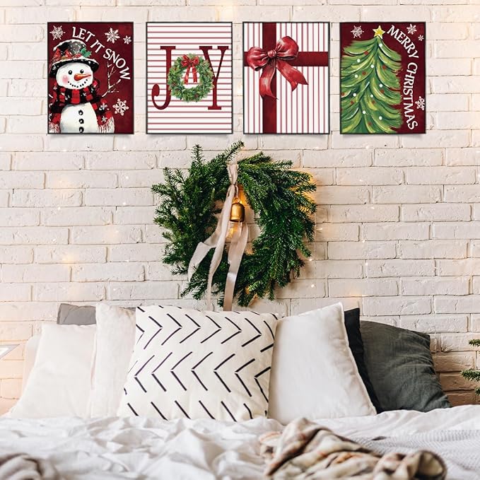 Wheatwin Christmas Wall Decor - Snowman Tree Art Prints Set of 4, Indoor Decorations for Bedroom, Red Bow, 8x10 (Unframed)