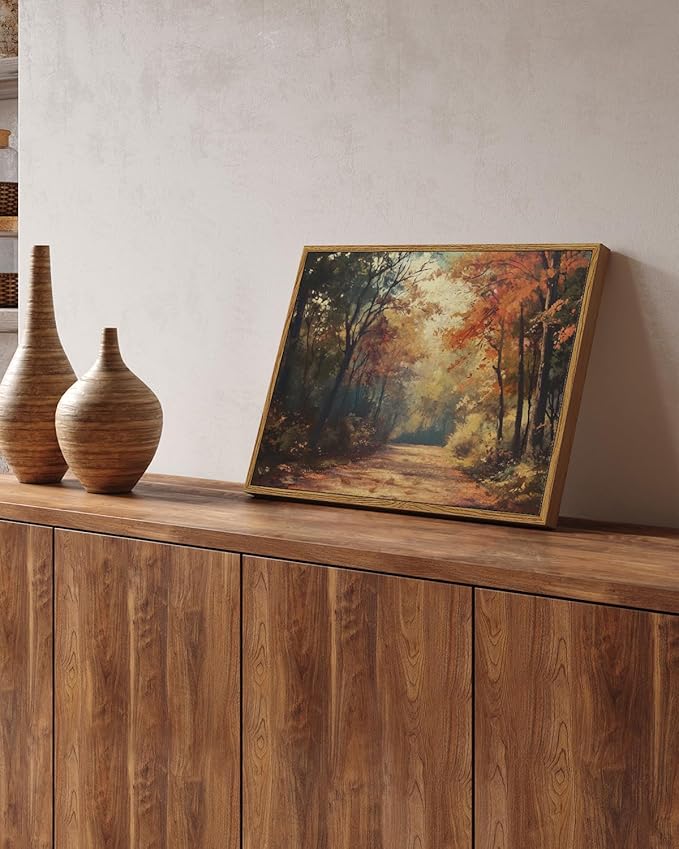 VIYYIEA Vintage Framed Canvas Wall Art, Autumn Forest Art Prints, Rustic Fall Landscape Decor for Living Dining Therapy Study Room Hallway Office Bedroom, Farmhouse Country Decor,12x16 Inch