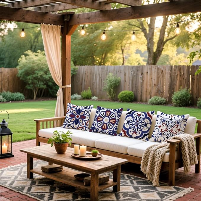 Cirzone Outdoor Pillow Covers 18x18 Set of 4 Morden Blue Geometric Patterns Waterproof Throw Outdoor Pillows Boho Decorations for Funiture Patio Garden Home