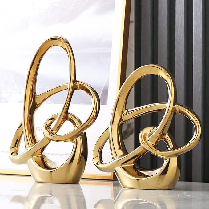 11in Gold Ceramic Statue – Modern Abstract Art Figurine for Shelf, Dining Table Centerpieces, Office, Living Room, Wedding or Coffee Table Home Decor Accent
