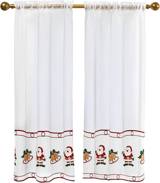 Deconovo Christmas Kitchen Tier Curtains, Embroidered Cafe Tiers, Semi Sheer Window Treatment with Rod Pocket, Light Filtering for Small Windows, Door & Sink Areas, 28W x 45L, Santa Claus, 2 Panels