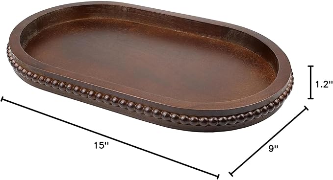 Oval Wood Decorative Tray with Wooden Beads, Vintage Serving Platter Tray for Ottoman, Coffee Table, Entertaining, Kitchen Counter Organizer, Home Decor (Retro Brown)