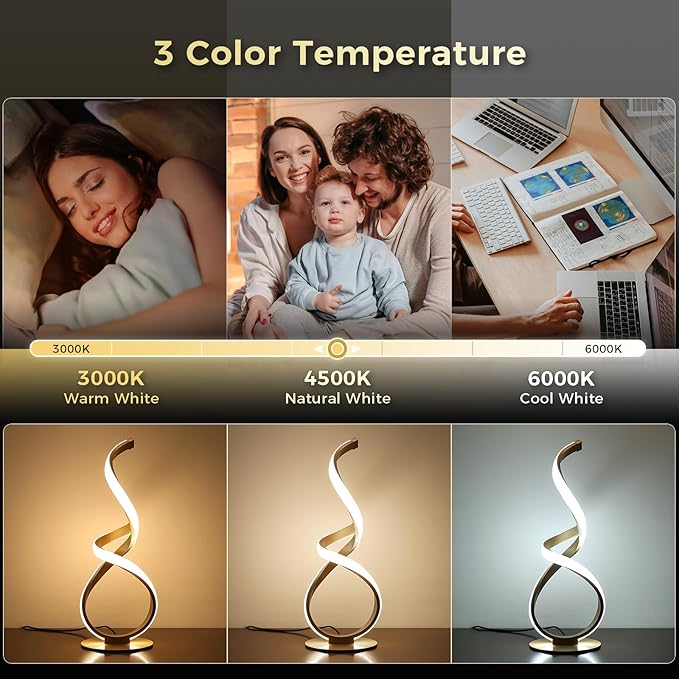 2 Pack Bedside Table Lamp, LED Spiral Desk Lamp, Touch Dimmable, 3 Color Temperature, Modern Nightstand Light for Night Stands, Unique Side Light for Bedroom, Living Room, Gold