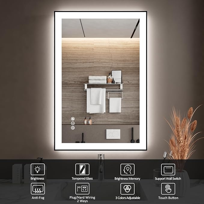 24x36 Inch LED Bathroom Mirror with Black Frame, Backlit and Front Lighted Bathroom Mirrors for Wall, Anti-Fog, Dimmable, Memory, Shatterproof, LED Vanity Mirror for Bathroom
