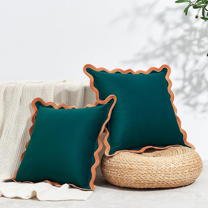 MONDAY MOOSE Decorative Throw Pillow Covers Cushion Cases, Set of 2 Soft Velvet Scalloped Wavy Edge Designs, Mix and Match for Home Decor, Pillow Inserts Not Included (Coral/Dark Teal, 22x22 inch)