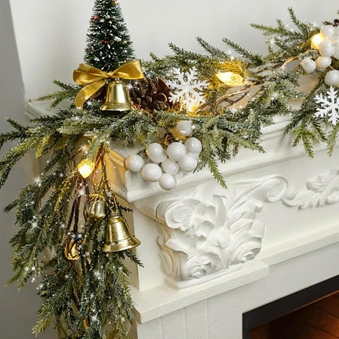 6FT Pre-lit Christmas Garlands with Lights Artificial Christmas Lighted Greenery Pine Cones Garland with White Berries for Christmas Door Mantle Stairs Railing Home Holiday Xmas Decoration Indoor