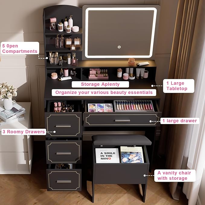 Vanity Table with LED Mirror & Power Outlet - 5 Open Shelves, 4 Drawers - Includes Padded Stool - Ideal Bedroom Makeup Dressing Table (Black)