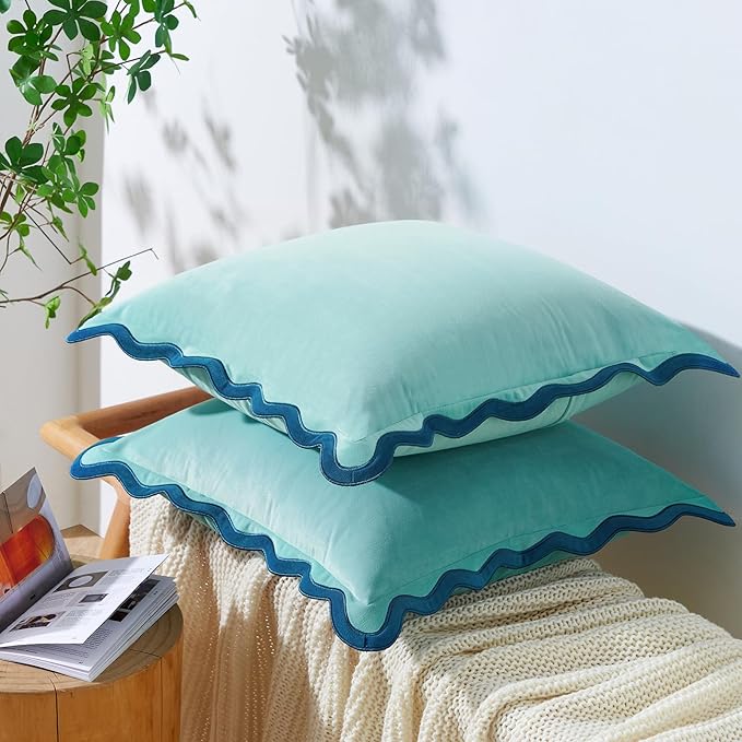MONDAY MOOSE Decorative Throw Pillow Covers Cushion Cases, Set of 2 Soft Velvet Scalloped Wavy Edge Designs, Mix and Match for Home Decor, Pillow Inserts Not Included (Blue/Light Blue, 18x18 inch)