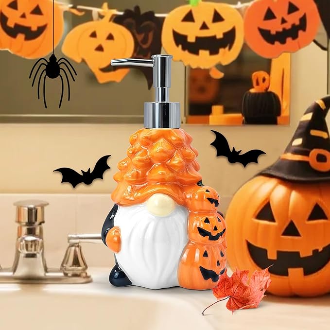 Hexagram Halloween Soap Dispenser, Halloween Bathroom Kitchen Decor, Gnome Ceramic Soap Dispenser for Home Indoor Decorations, Refillable Lotion Essential Oil Dispensers with Pump